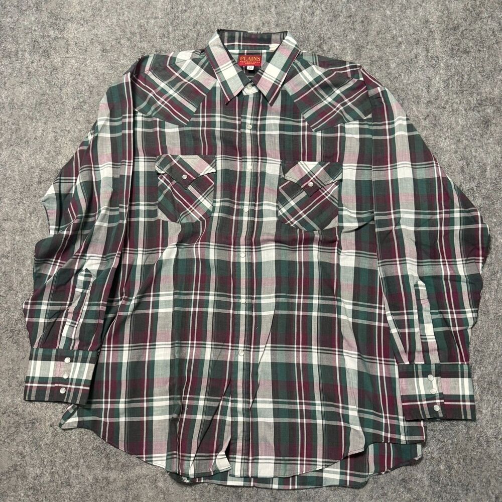 Vintage 90s Plains Western Wear Pearl Snap Shirt XL Green Red Plaid Cowboy